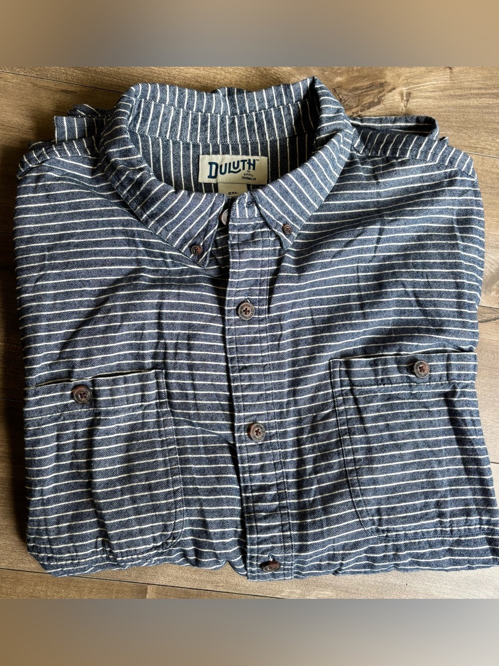 Duluth Trading Co Mens 2XL Button Up Shirt Blue Railroad Stripe Relaxed Fit